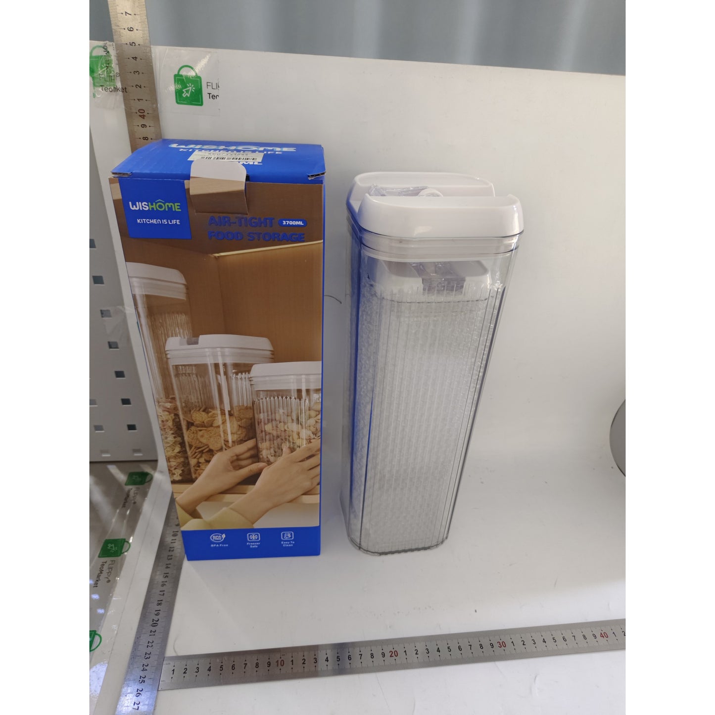 Cutii de Depozitare Alimente, Klevo, Set din 2 Cutii de tip Container, Recipiente pentru Cereale in Bucatarie, 1.2 L-10x30.5 cm, 2.5 L-12.5x12.5x36.5 cm, Transparente cu Capac Alb