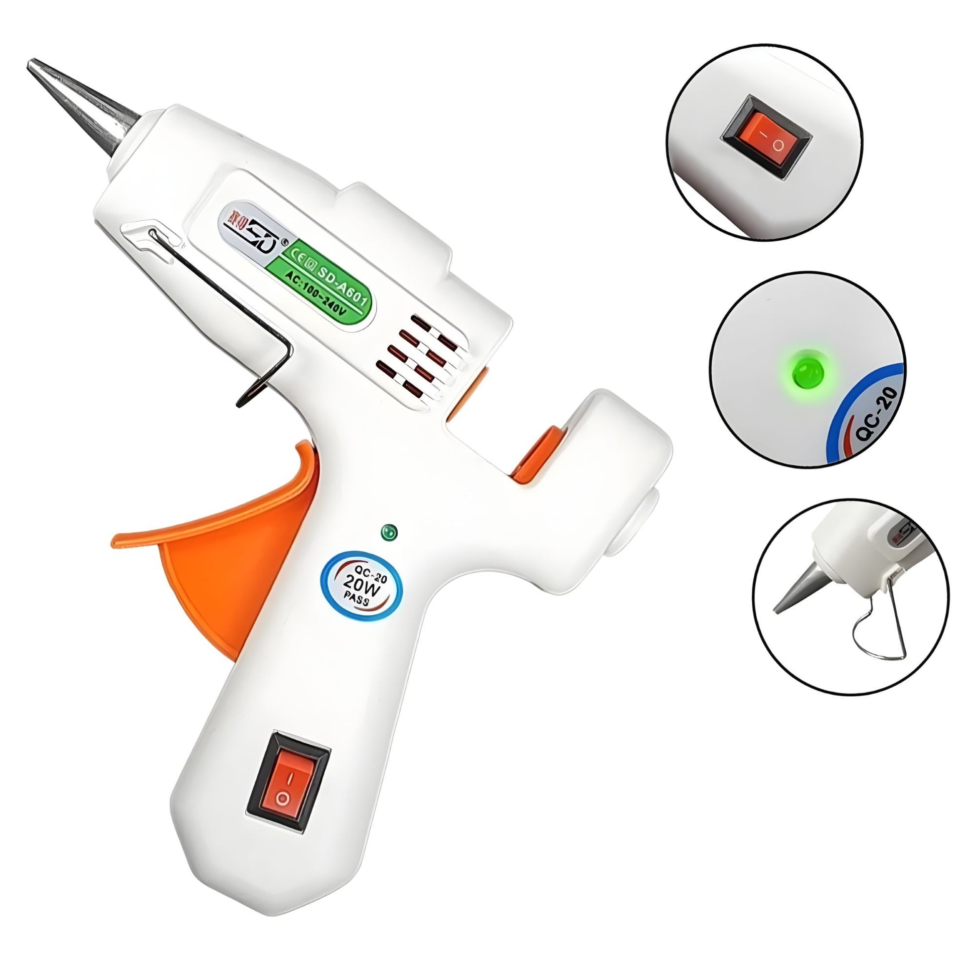 Pistol de Lipit cu Silicon la cald, Klevo, 20 W, pentru Batoane 7 mm, Duza din Aluminiu Anti-picurare, Incalzire Rapida, pentru Bricolaj, Artizanat și Reparatii, Alb