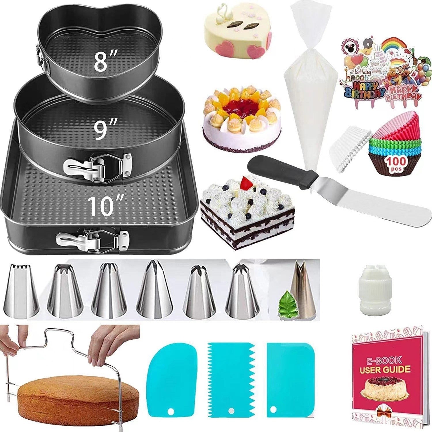 Set de 216 Piese de Copt pentru Prajituri, Klevo, 3 Tavi de Copt, Nivelator, Forme Cupcake, Pos pentru Ornat cu 7 Capete, Feliator Tort, din Otel Inoxidabil, Multicolor