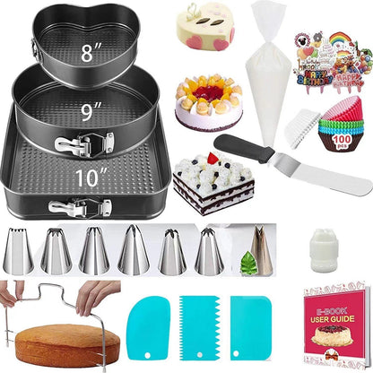 Set de 216 Piese de Copt pentru Prajituri, Klevo, 3 Tavi de Copt, Nivelator, Forme Cupcake, Pos pentru Ornat cu 7 Capete, Feliator Tort, din Otel Inoxidabil, Multicolor