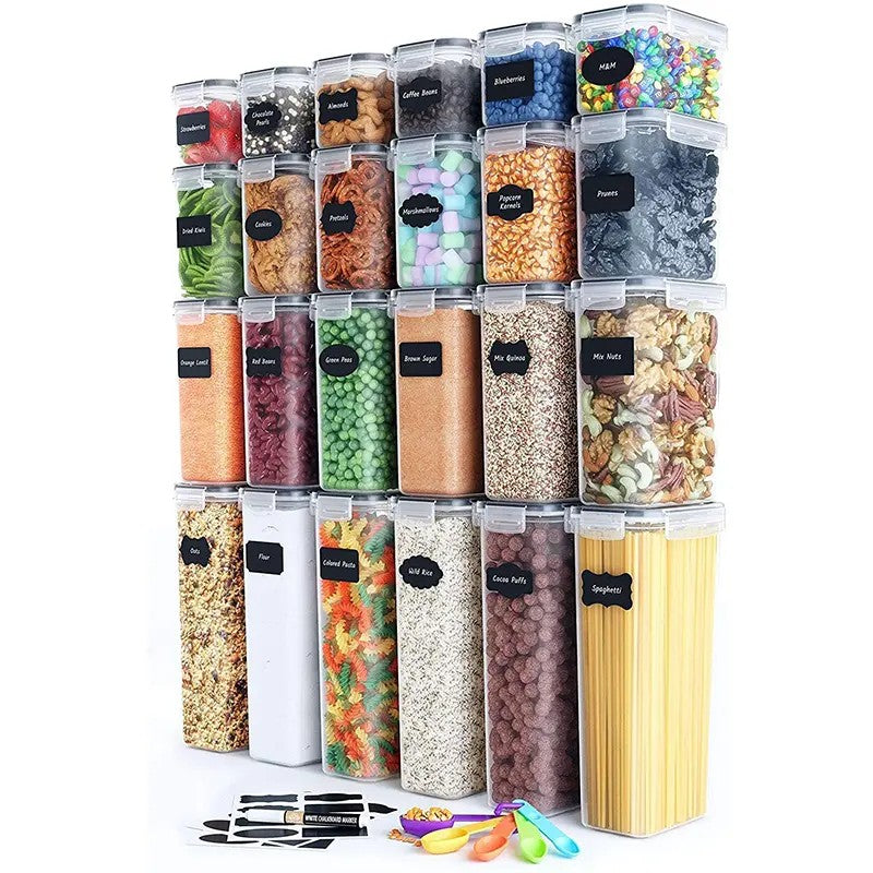 Cutii de depozitare alimente, Klevo, Set din 24 Cutii pentru Condimente, Cereale, Cutii pentru Bucatarie, din Plastic PP, Cutii Alimentare, Diferite Dimensiuni, Transparente