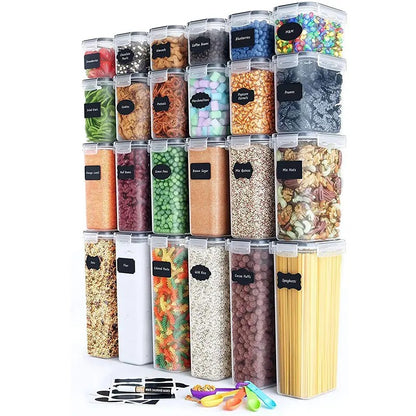 Cutii de depozitare alimente, Klevo, Set din 24 Cutii pentru Condimente, Cereale, Cutii pentru Bucatarie, din Plastic PP, Cutii Alimentare, Diferite Dimensiuni, Transparente