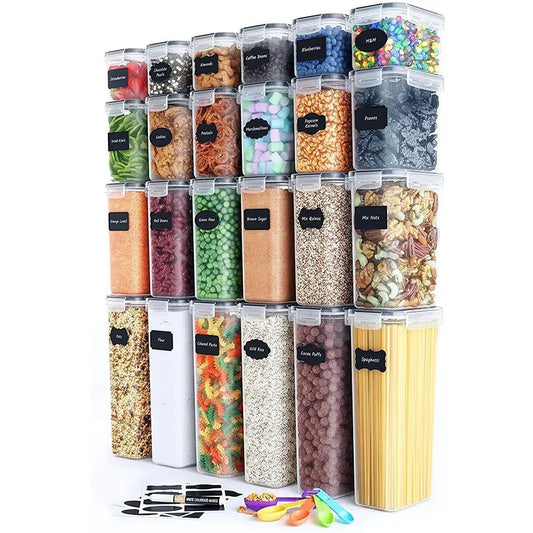Cutii de depozitare alimente, Klevo, Set din 24 Cutii pentru Condimente, Cereale, Cutii pentru Bucatarie, din Plastic PP, Cutii Alimentare, Diferite Dimensiuni, Transparente