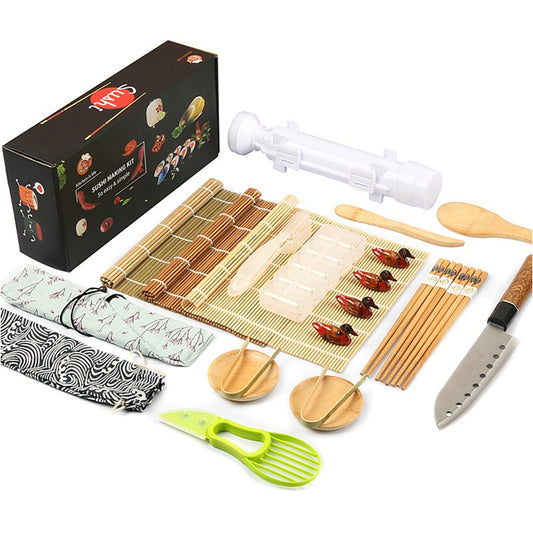 Set Ustensile pentru Sushi, Klevo, Set din 24 Accesorii pentru Sushi, Set pentru Sushi HOME MADE, Cutit Inclus, Forme, Betisoare, Multicolor