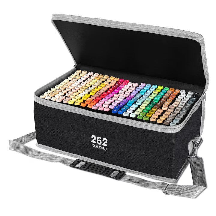 Set 262 Markere, Klevo, Dublu Capat, Subtire 1mm si Gros 6 mm, Geanta Depozitare, Corp Alb, Multicolor