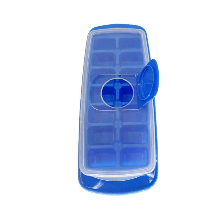 Forma pentru cuburi de gheata Klevo, 14 cuburi, reutilizabil, plastic alimentar, cu capac, orificiu umplere, dreptunghiulara, 29.5 x 12.5 x4 cm, albastru