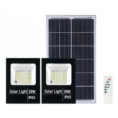 Set 2 proiectoare LED SMD 30W cu incarcare solara Klevo, panou solar, cu telecomanda, suport prindere, material ABS, 1.2AH, 200LED-uri, 13x13.5 cm, negru