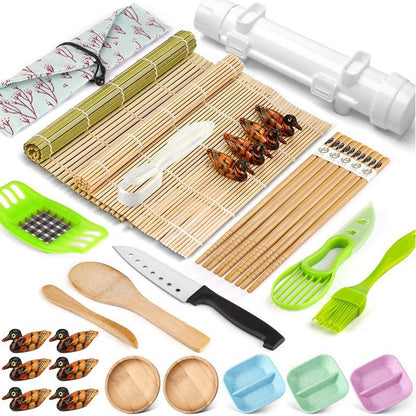 Set Ustensile pentru Sushi, Klevo, Set din 31 Accesorii pentru Sushi, Set pentru Sushi HOME MADE, Cutit Inclus, Forme, Betisoare, Multicolor