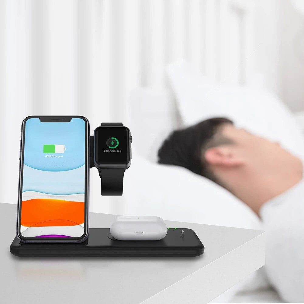 Incarcator Wireless FastCharge Klevo 4 In 1, design pliabil, 15W, Compatibil Apple Watch, Airpods, iPhone, Android, Samsung, Huawei, Xiaomi, Oppo, Negru