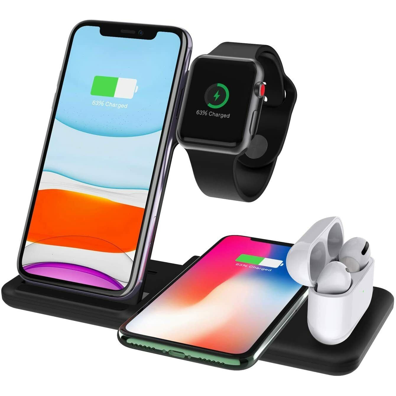 Incarcator Wireless FastCharge Klevo 4 In 1, design pliabil, 15W, Compatibil Apple Watch, Airpods, iPhone, Android, Samsung, Huawei, Xiaomi, Oppo, Negru