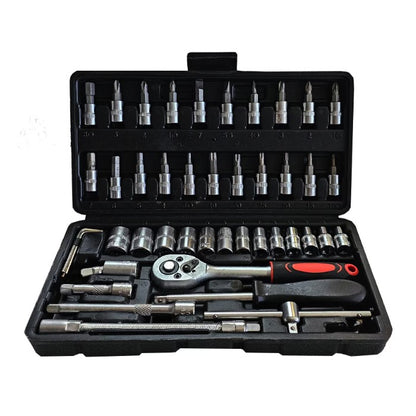 Chei tubulare Set 46 de Piese, Klevo, Trusa Scule de Reparatii Auto, Prelungitoare Rigid si Flexibil, Articulatie Cardanica, Antrenor de Forta Glisant, Adaptoare, Maner pentru Surubelnita, 23 x 12 x 4 cm, 1.9 kg, Cutie Neagra