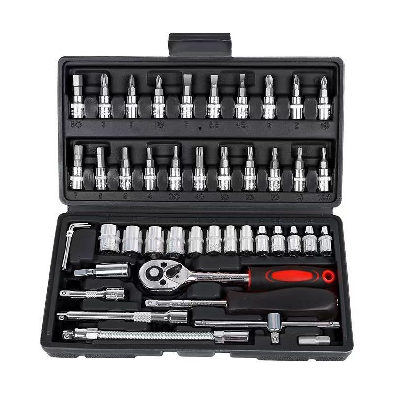 Chei tubulare Set 46 de Piese, Klevo, Trusa Scule de Reparatii Auto, Prelungitoare Rigid si Flexibil, Articulatie Cardanica, Antrenor de Forta Glisant, Adaptoare, Maner pentru Surubelnita, 23 x 12 x 4 cm, 1.9 kg, Cutie Neagra