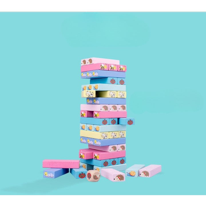 Joc de Societate, Klevo, pentru Copii, din Lemn, Interactiv, Distractiv, Jenga Stack High Blocks, cu Zar, 51 de Piese Animate, 24.5x18x5 cm, Multicolor