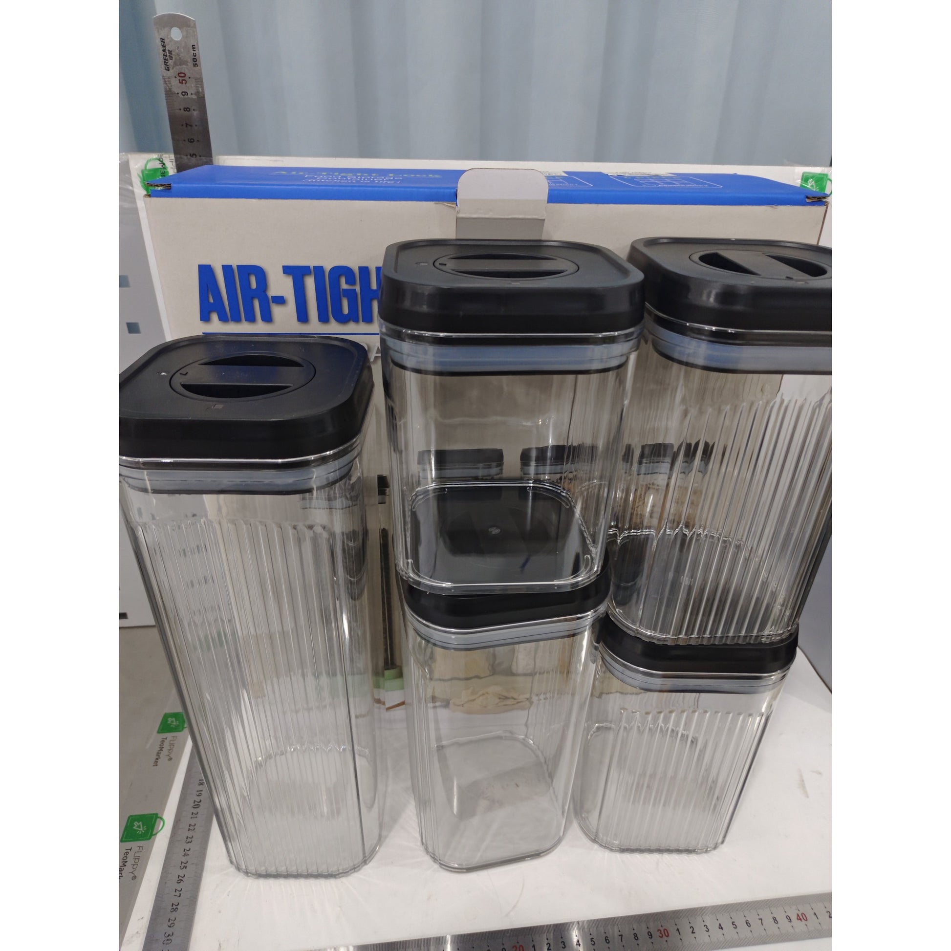 Cutii de Depozitare Alimente, Klevo, Set din 5 Cutii de tip Container, Recipiente pentru Cereale in Bucatarie,  Transparente cu Capac Negru
