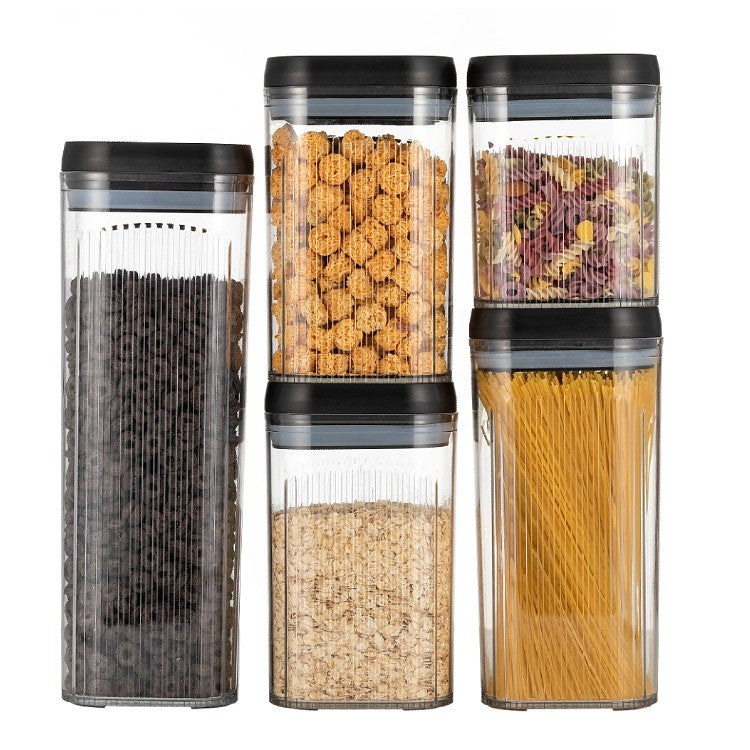 Cutii de Depozitare Alimente, Klevo, Set din 5 Cutii de tip Container, Recipiente pentru Cereale in Bucatarie,  Transparente cu Capac Negru