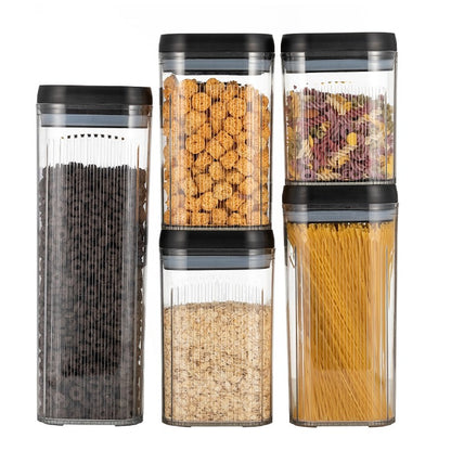 Cutii de Depozitare Alimente, Klevo, Set din 5 Cutii de tip Container, Recipiente pentru Cereale in Bucatarie,  Transparente cu Capac Negru
