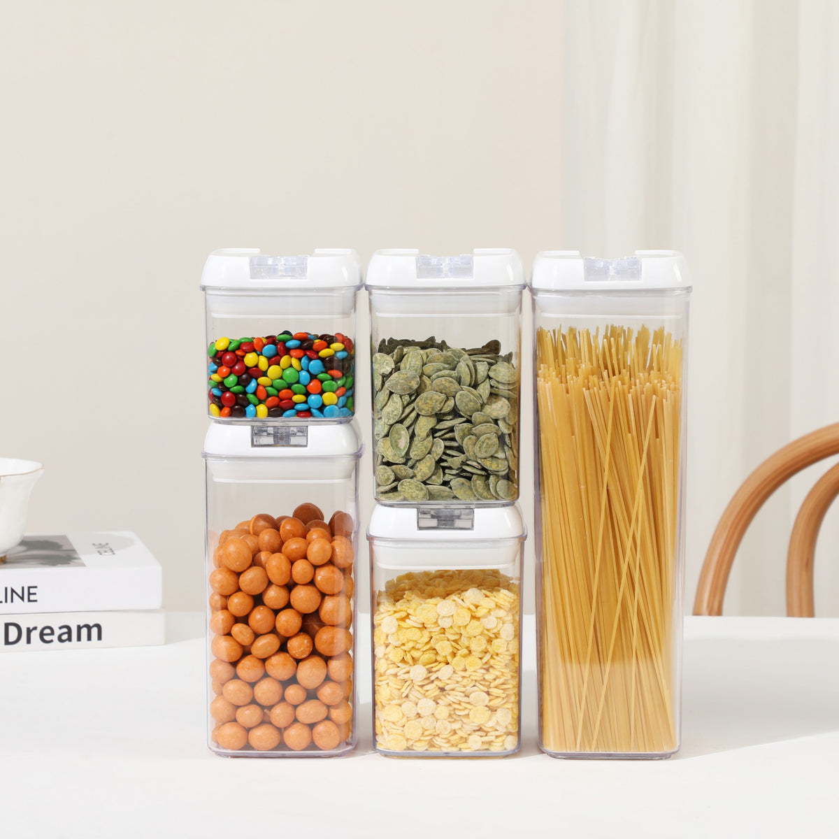 Cutii de Depozitare Alimente, Klevo, set din 5 Cutii pentru Condimente, Volumetrie 0.5l, 0.8l, 1.2l, 1.9l, Transparente cu Capac Alb