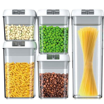 Cutii de Depozitare Alimente, Klevo, set din 5 Cutii pentru Condimente, Volumetrie 0.5l, 0.8l, 1.2l, 1.9l, Transparente cu Capac Alb