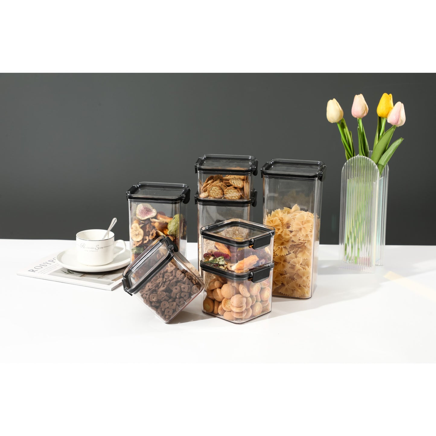 Set 6 Recipiente din Plastic, Klevo, pentru Alimente/Obiecte, Inchidere Ermetica, 2 x 460 ml, 2 x 700 ml, 1 x 1300 ml, 1 x 1800 ml, Transparent