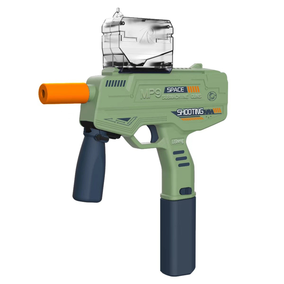 Mitraliera de jucarie electrica Klevo cu bile de hidrogen de gel, gun bluster, tragere in rafala, varsta peste 6 ani, ochelari de protectie, 5000 de bile incluse, cablu de incarcare, 40.1 x 31.6 cm, Mp9, verde