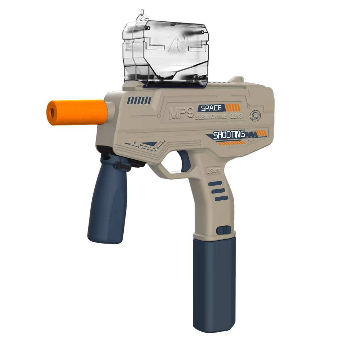 Mitraliera de jucarie electrica Klevo cu bile de hidrogen de gel, gun bluster, tragere in rafala, varsta peste 6 ani, ochelari de protectie,  5000 de bile incluse, cablu de incarcare, 40.1 x 31.6 cm, Mp9, crem