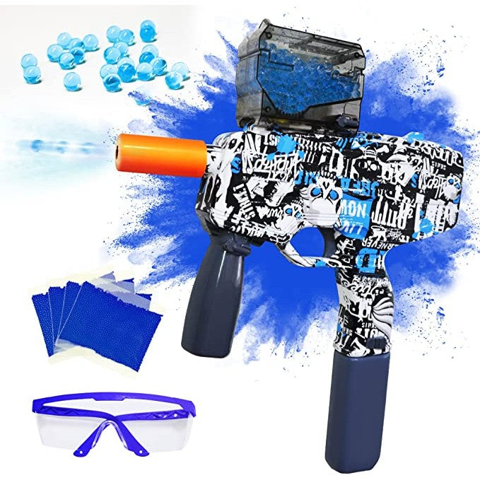 Mitraliera de jucarie electrica Klevo cu bile de hidrogen de gel, gun bluster, tragere in rafala, varsta peste 6 ani, ochelari de protectie, 5000 de bile incluse, cablu de incarcare, 40.1 x 31.6 cm, Mp9, albastru