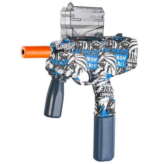 Mitraliera de jucarie electrica Klevo cu bile de hidrogen de gel, gun bluster, tragere in rafala, varsta peste 6 ani, ochelari de protectie, 5000 de bile incluse, cablu de incarcare, 40.1 x 31.6 cm, Mp9, albastru