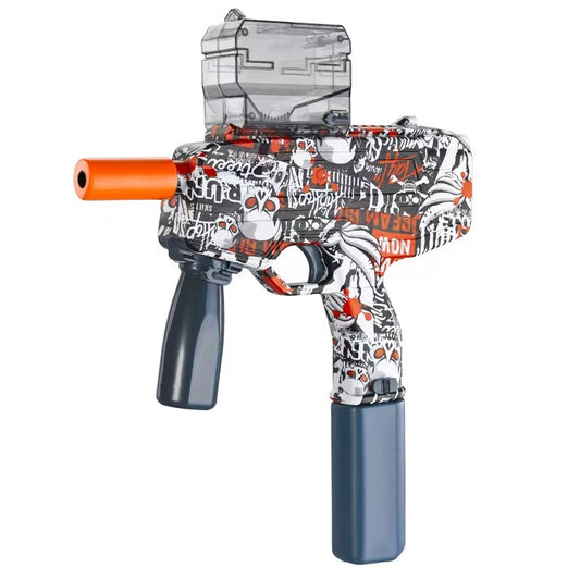 Mitraliera de jucarie electrica Klevo cu bile de hidrogen de gel, gun bluster, tragere in rafala, varsta peste 6 ani, ochelari de protectie, 5000 de bile incluse, cablu de incarcare, 40.1 x 31.6 cm, Mp9, rosu