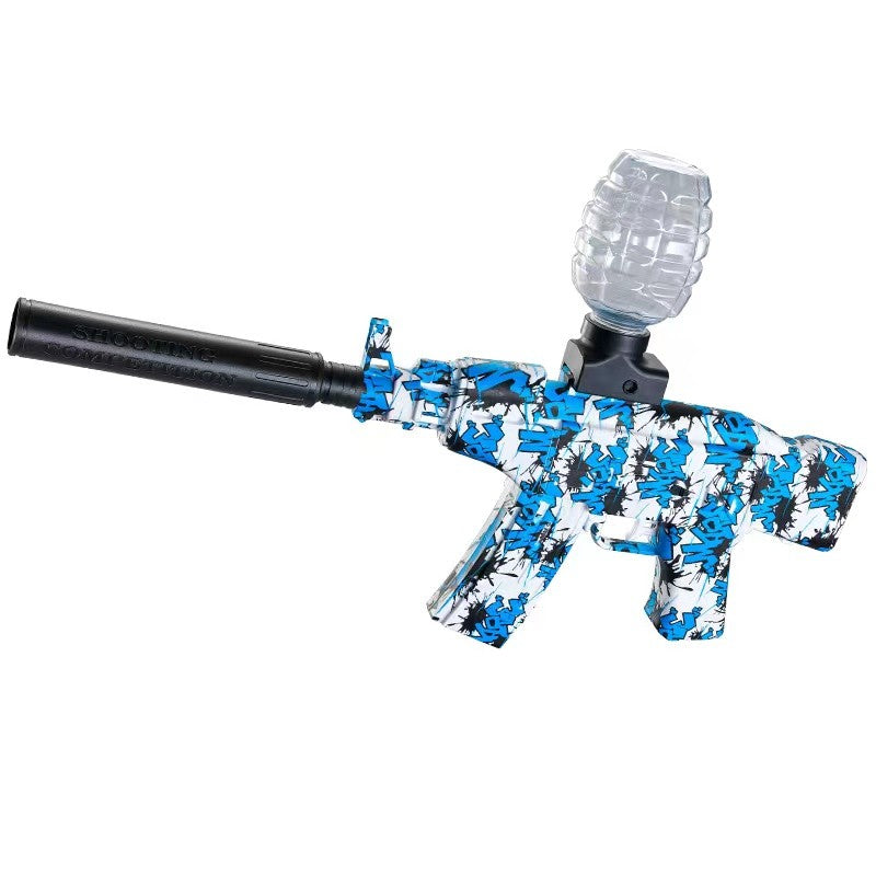 Mitraliera de jucarie electrica Klevo cu bile de hidrogen de gel, gun bluster, tragere in rafala, varsta peste 6 ani, sageti cu ventuze de spuma, amorizor, ochelari de protectie, 5000 de bile incluse, cablu de incarcare, 28x31 cm, AK47, albastru