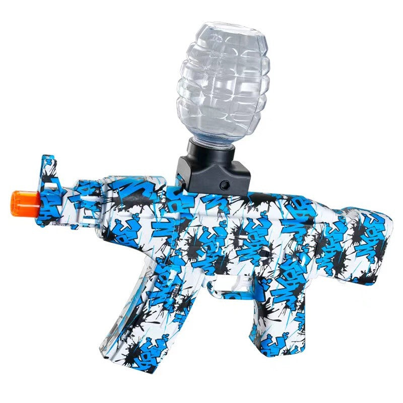 Mitraliera de jucarie electrica Klevo cu bile de hidrogen de gel, gun bluster, tragere in rafala, varsta peste 6 ani, sageti cu ventuze de spuma, amorizor, ochelari de protectie, 5000 de bile incluse, cablu de incarcare, 28x31 cm, AK47, albastru