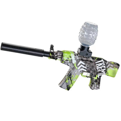 Mitraliera de jucarie electrica Klevo cu bile de hidrogen de gel, gun bluster, tragere in rafala, varsta peste 6 ani, sageti cu ventuze de spuma, amortizor, ochelari de protectie,  5000 de bile incluse, cablu de incarcare, 28x31 cm, AK47, verde