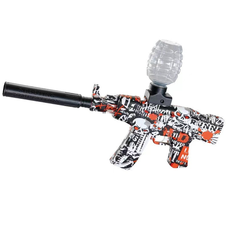 Mitraliera de jucarie electrica Klevo cu bile de hidrogen de gel, gun bluster, tragere in rafala, varsta peste 6 ani, sageti cu ventuze de spuma, amortizor, ochelari de protectie, 5000 de bile incluse, cablu de incarcare, 28x31 cm, AK47, rosu
