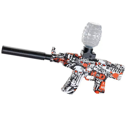 Mitraliera de jucarie electrica Klevo cu bile de hidrogen de gel, gun bluster, tragere in rafala, varsta peste 6 ani, sageti cu ventuze de spuma, amortizor, ochelari de protectie, 5000 de bile incluse, cablu de incarcare, 28x31 cm, AK47, rosu