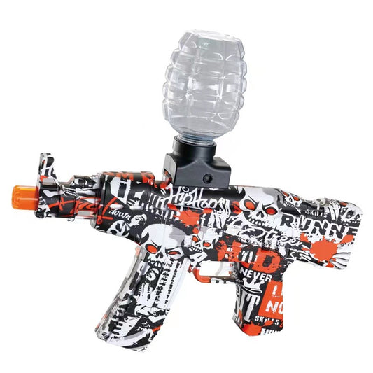Mitraliera de jucarie electrica Klevo cu bile de hidrogen de gel, gun bluster, tragere in rafala, varsta peste 6 ani, sageti cu ventuze de spuma, amortizor, ochelari de protectie, 5000 de bile incluse, cablu de incarcare, 28x31 cm, AK47, rosu