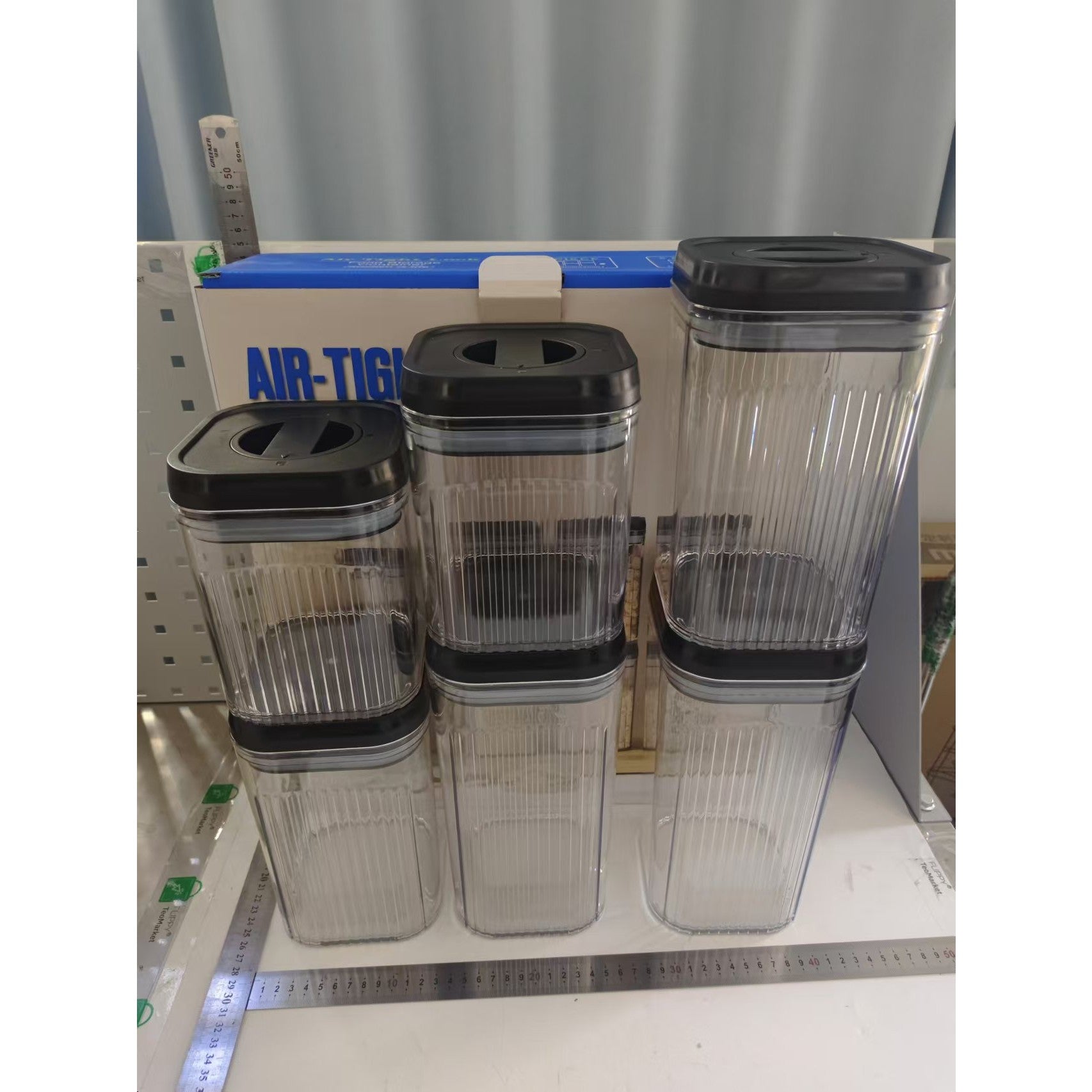 Cutii de Depozitare Alimente, Klevo, Set din 6 Cutii de tip Container, Recipiente pentru Cereale in Bucatarie,  Transparente cu Capac Negru
