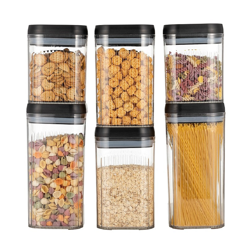 Cutii de Depozitare Alimente, Klevo, Set din 6 Cutii de tip Container, Recipiente pentru Cereale in Bucatarie,  Transparente cu Capac Negru