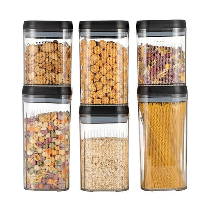 Cutii de Depozitare Alimente, Klevo, Set din 6 Cutii de tip Container, Recipiente pentru Cereale in Bucatarie,  Transparente cu Capac Negru