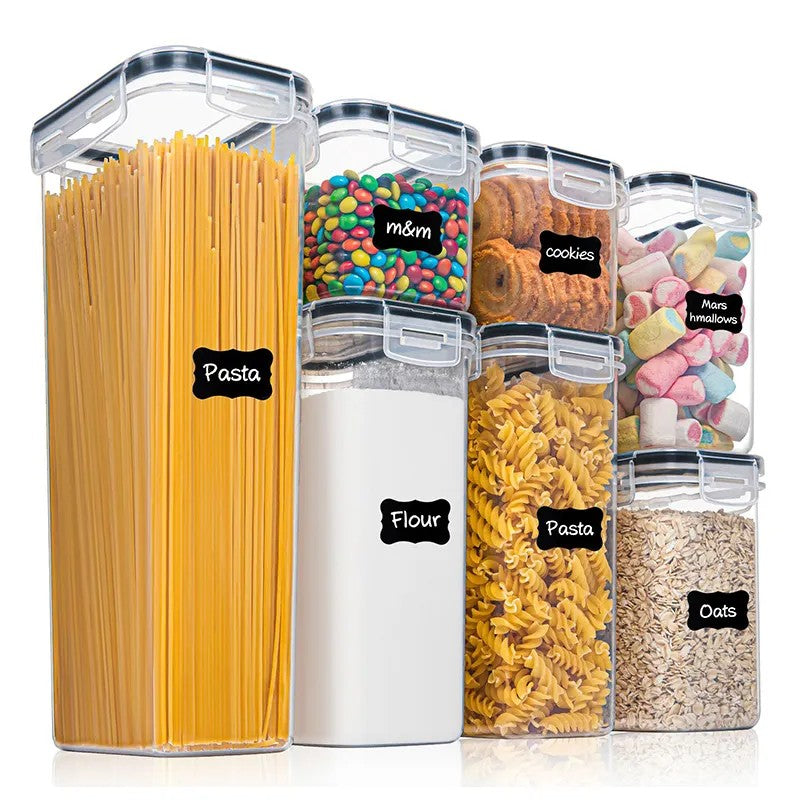 Cutii de depozitare alimente, Klevo, Set din 7 Cutii pentru Condimente, Cereale, Cutii pentru Bucatarie, din Plastic PP, Cutii Alimentare, Diferite Dimensiuni, Transparente