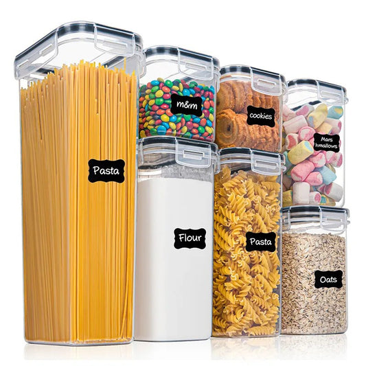 Cutii de depozitare alimente, Klevo, Set din 7 Cutii pentru Condimente, Cereale, Cutii pentru Bucatarie, din Plastic PP, Cutii Alimentare, Diferite Dimensiuni, Transparente