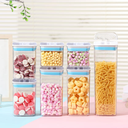 Cutii de Depozitare Alimente, Klevo, Set din 7 Cutii de tip Container, 2x0.5 l, 2x0.8 l, 2x1.2 l, 1x1.9 l, Recipiente pentru Cereale in Bucatarie,  Transparente cu Capac Albastru-Alb