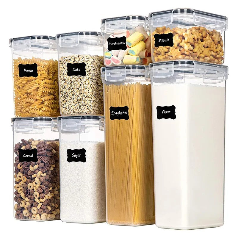 Cutii de depozitare alimente, Klevo, Set din 8 Cutii pentru Condimente, Cereale, Cutii pentru Bucatarie, din Plastic PP, Cutii Alimentare, Diferite Dimensiuni, Transparente