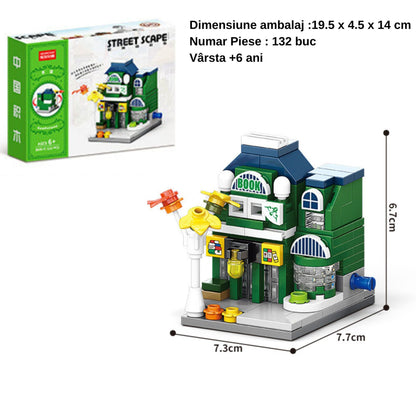 Set de Constructie, Klevo, Jucarie Educativa STEM, 132 Piese, Model 3D, +6 Ani, Colectia Strada Comerciala Europeana, 7.7 x 7.3 x 6.7 cm, Verde/Albastru