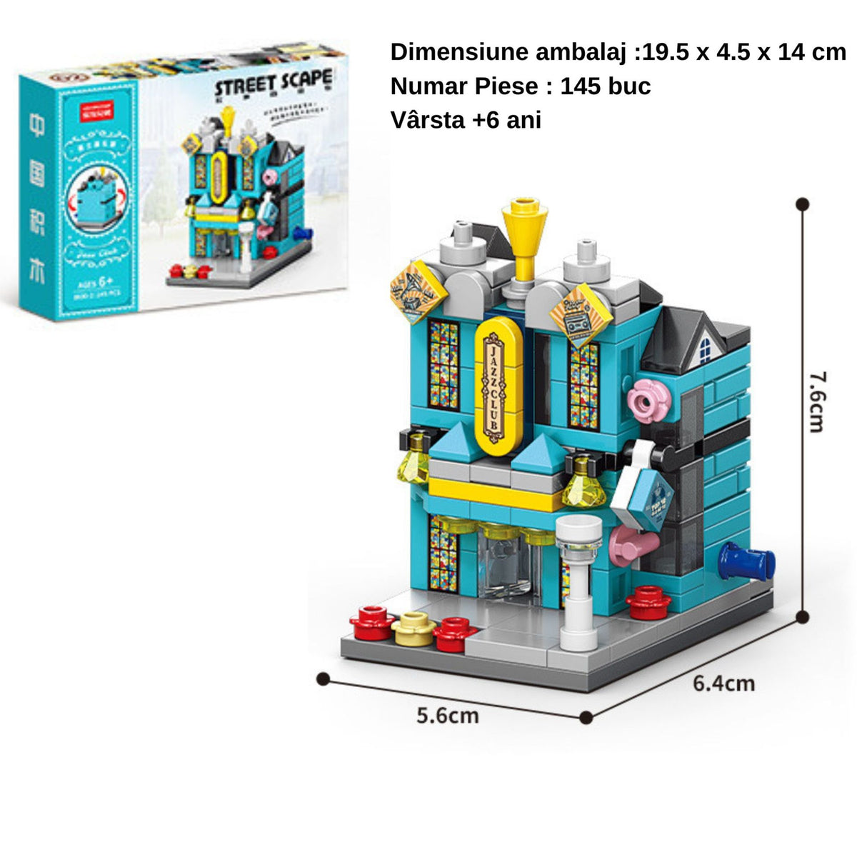 Set de Constructie, Klevo, Jucarie Educativa STEM,  145 Piese, Model 3D, +6 Ani, Colectia Strada Comerciala Europeana, 6.4 x 5.6 x 7.6 cm, Albastru/Galben