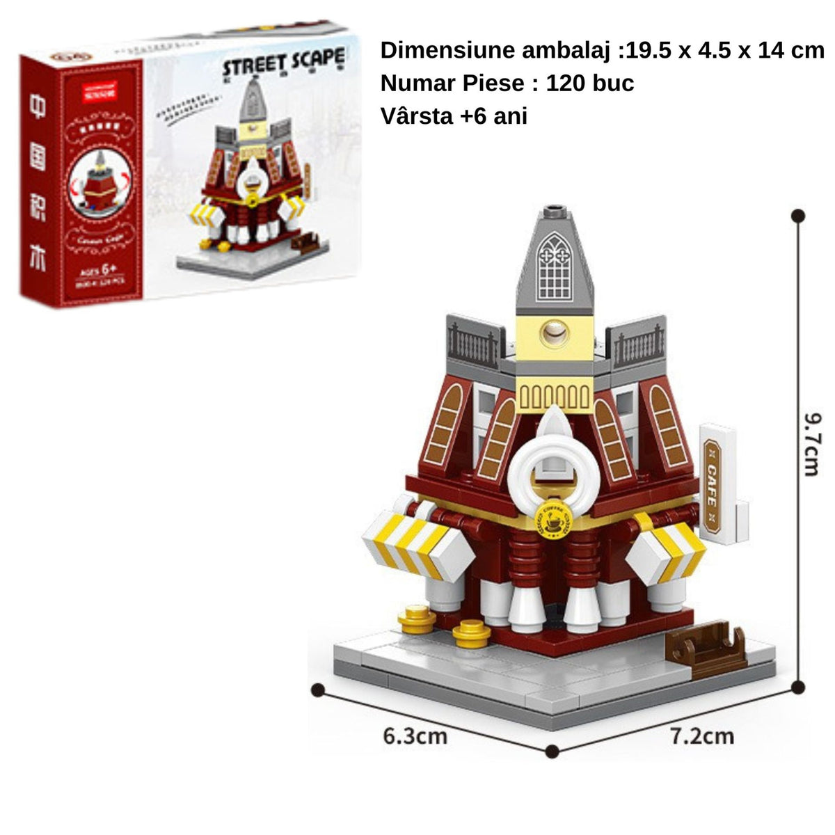 Set de Constructie, Klevo, Jucarie Educativa STEM,  120 Piese, Model 3D, +6 Ani, Colectia Strada Comerciala Europeana, 7.2 x 6.3 x 9.7 cm, Bordo/Gri