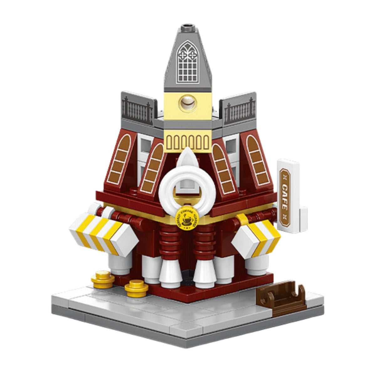Set de Constructie, Klevo, Jucarie Educativa STEM,  120 Piese, Model 3D, +6 Ani, Colectia Strada Comerciala Europeana, 7.2 x 6.3 x 9.7 cm, Bordo/Gri