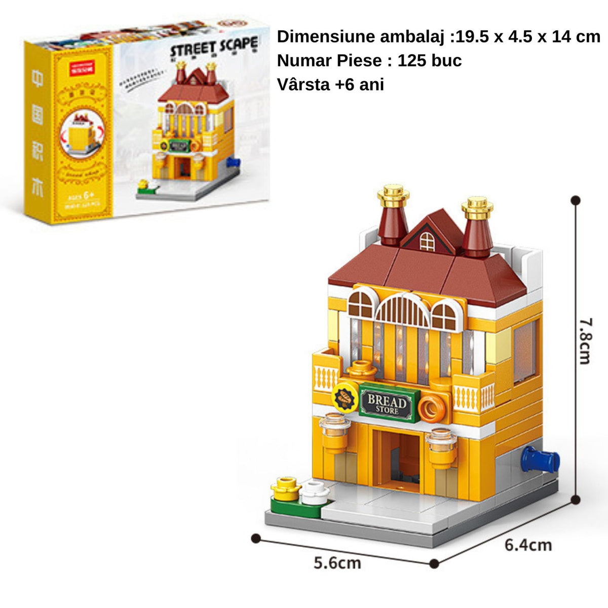 Set de Constructie, Klevo, Jucarie Educativa STEM, 125 Piese, Model 3D, +6 Ani, Colectia Strada Comerciala Europeana, 6.4 x 5.6 x 7.8 cm, Galben/Maro