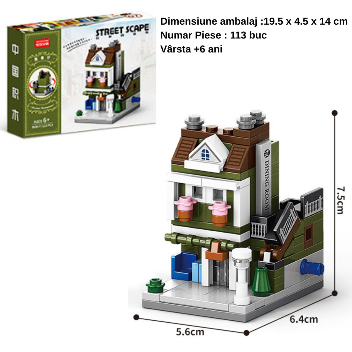 Set de Constructie, Klevo, Jucarie Educativa STEM, 113 Piese, Model 3D, +6 Ani, Colectia Strada Comerciala Europeana, 6.4 x 5.6 x 7.5 cm, Verde/Maro