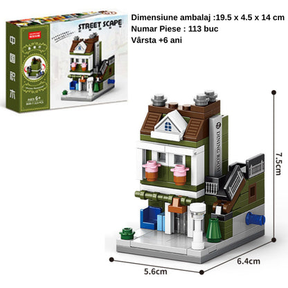 Set de Constructie, Klevo, Jucarie Educativa STEM, 113 Piese, Model 3D, +6 Ani, Colectia Strada Comerciala Europeana, 6.4 x 5.6 x 7.5 cm, Verde/Maro
