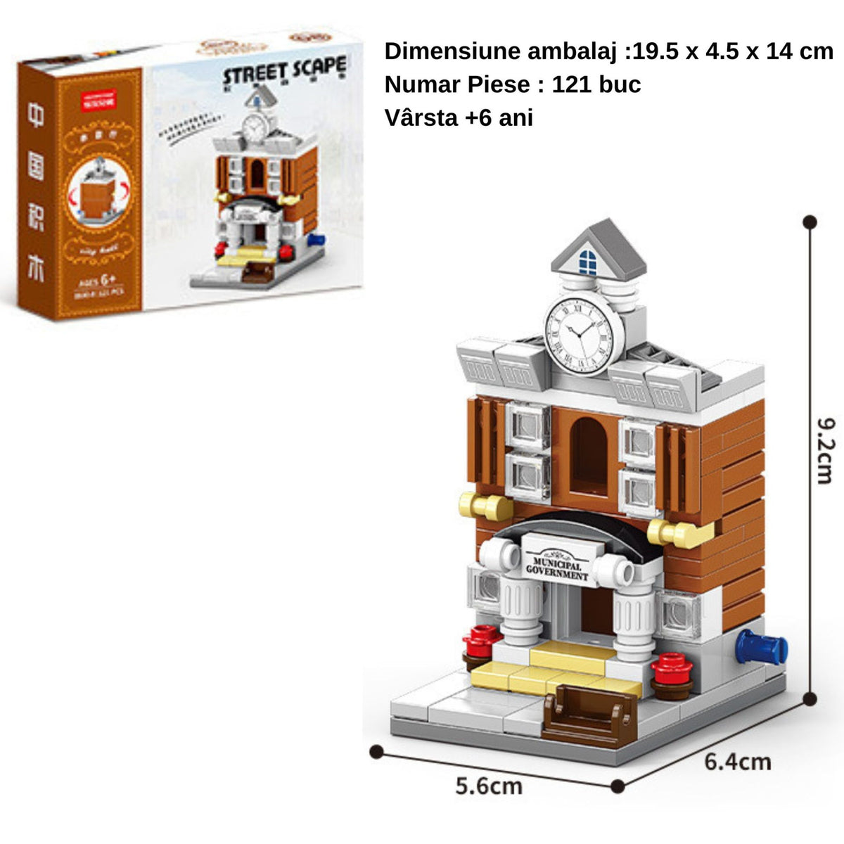 Set de Constructie, Klevo, Jucarie Educativa STEM, 121 Piese, Model 3D, +6 Ani, Colectia Strada Comerciala Europeana, 6.4 x 5.6 x 9.2 cm, Maro/Gri