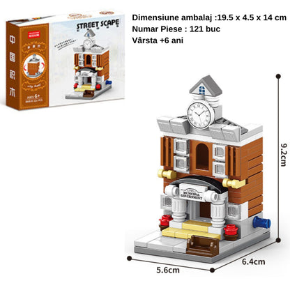 Set de Constructie, Klevo, Jucarie Educativa STEM, 121 Piese, Model 3D, +6 Ani, Colectia Strada Comerciala Europeana, 6.4 x 5.6 x 9.2 cm, Maro/Gri